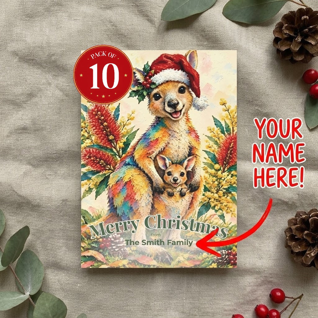Personalised Kangaroo Christmas postcards, pack of 10 with envelopes