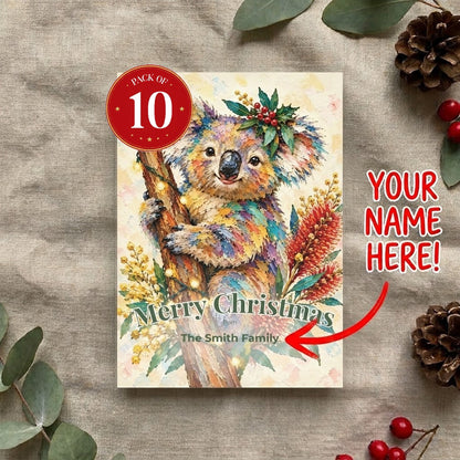 Personalised Koala Christmas postcards, pack of 10 with envelopes