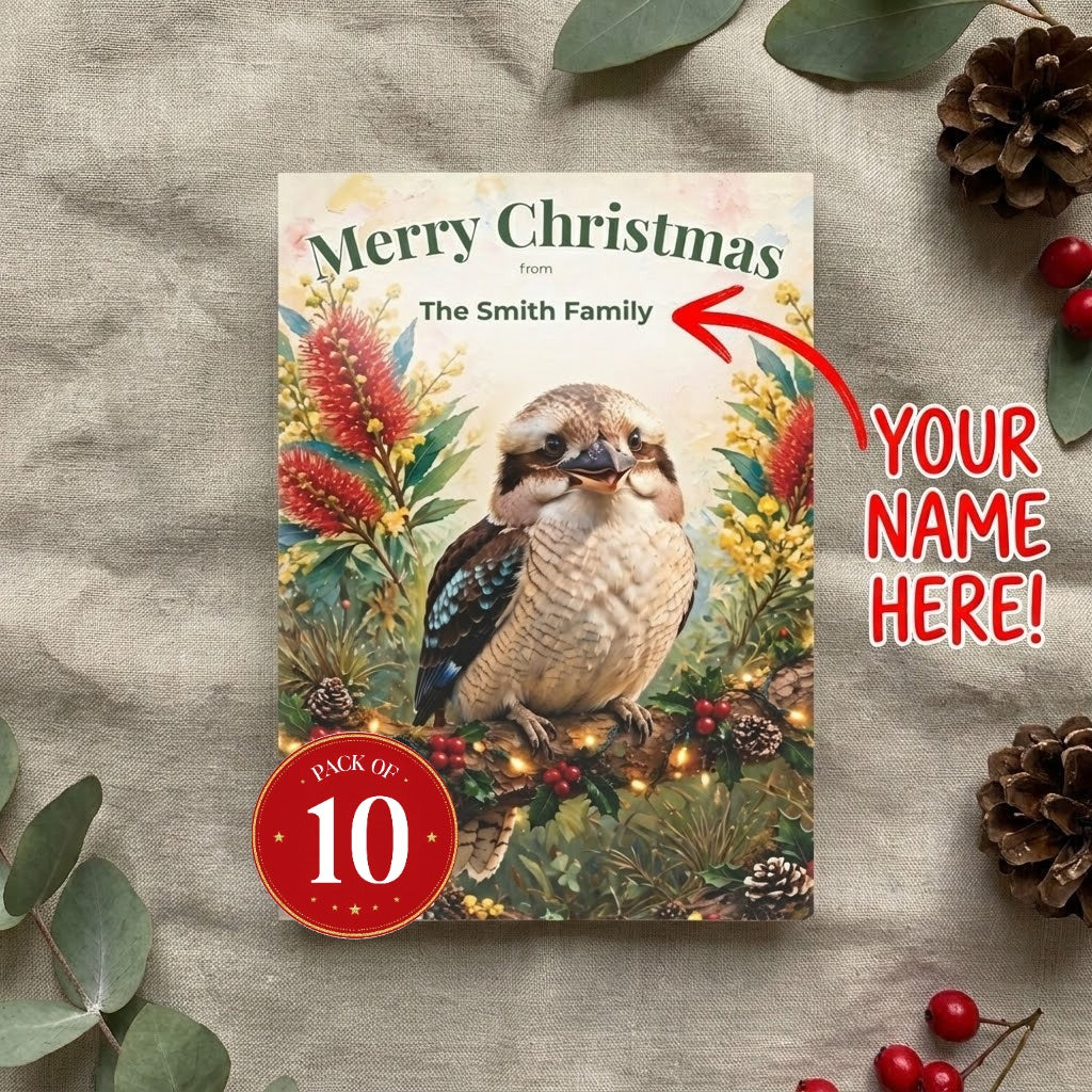 Personalised Kookaburra Christmas postcards, pack of 10 with envelopes