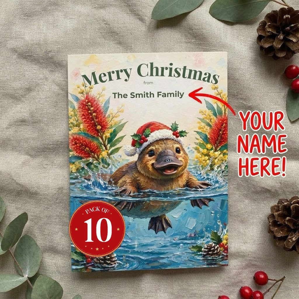 Personalised Platypus Christmas postcards, pack of 10 with envelopes
