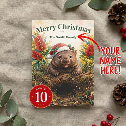 Personalised Wombat Christmas postcards, pack of 10 with envelopes