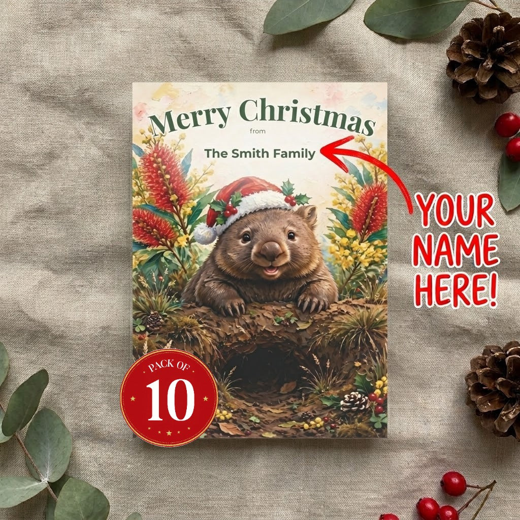 Personalised Wombat Christmas postcards, pack of 10 with envelopes