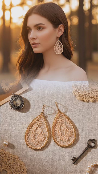 Pink Lace Woven Flower Gold Teardrop Earrings