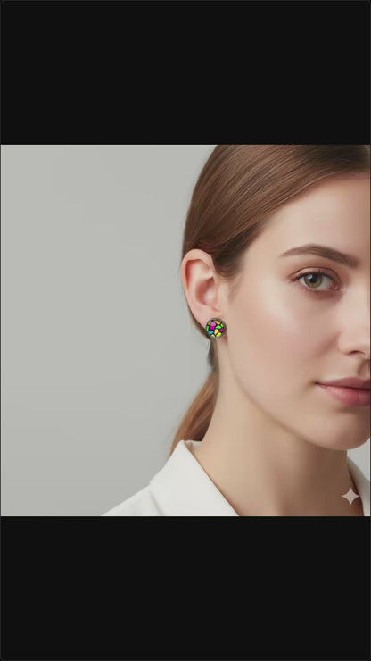 Colourful Stained Glass Style Stud Earrings – Vibrant Rainbow Pattern, Stainless Steel