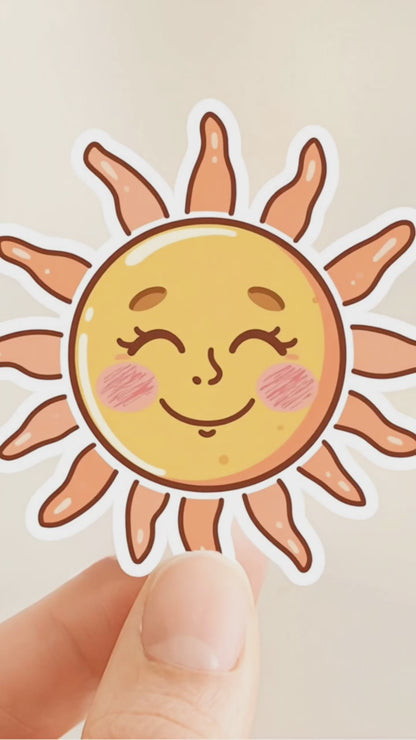 Smiling Sun Retro Face | Kawaii | White Satin Vinyl | Kiss-Cut Sticker