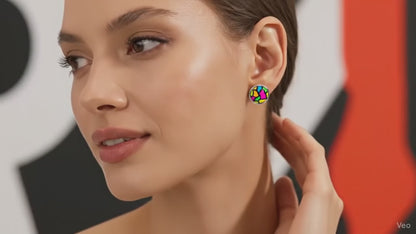 Colourful Stained Glass Style Stud Earrings – Vibrant Rainbow Pattern, Stainless Steel