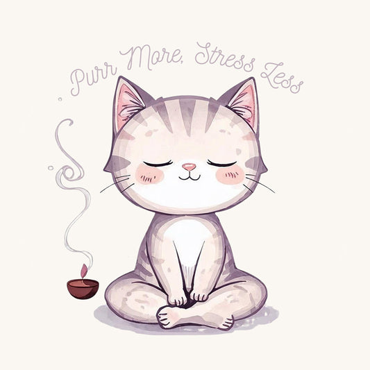 Purr More Stress Less Meditating Cat | Mindfulness | White Gloss Vinyl | Die-Cut Sticker