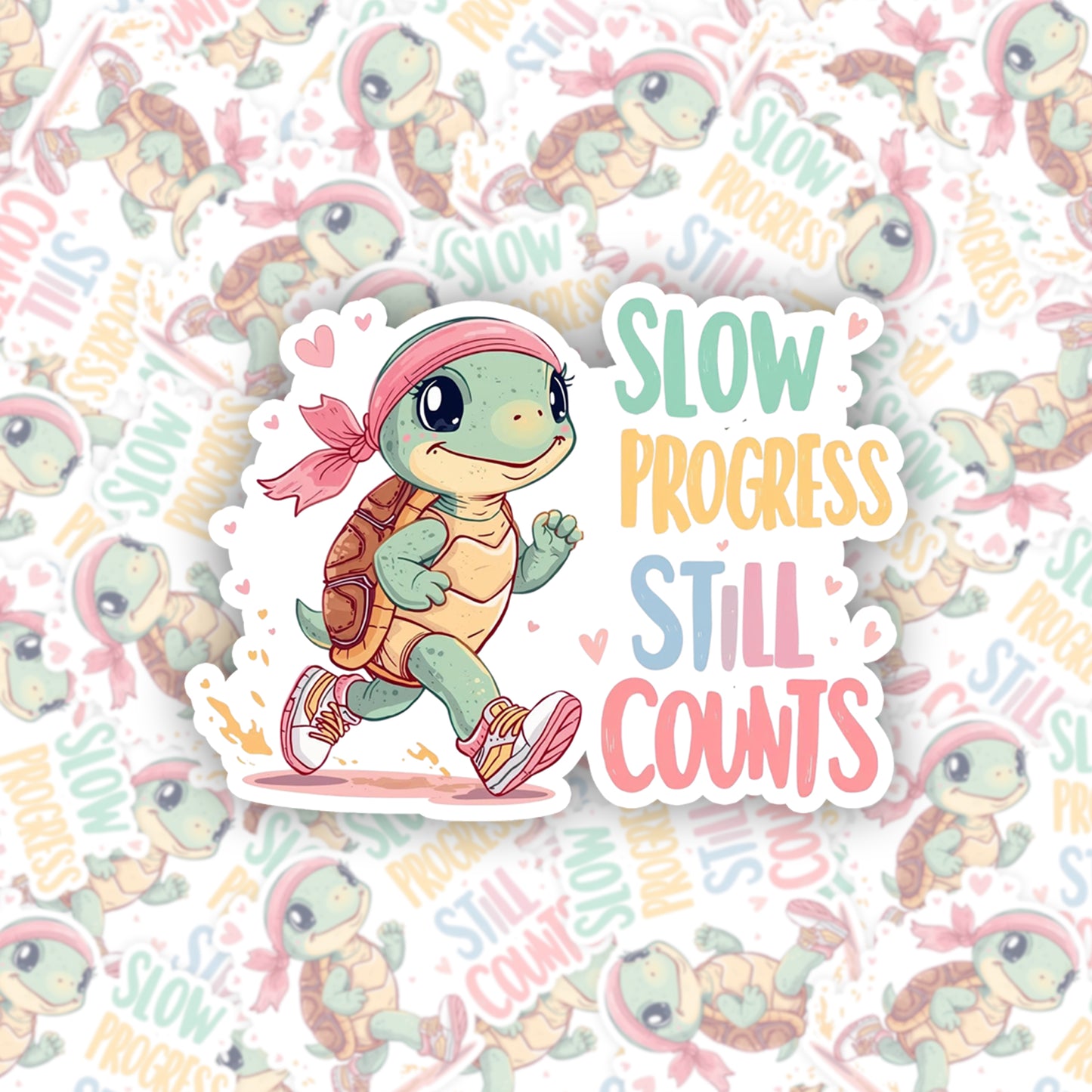 Slow Progress Still Counts Turtle | Motivational | White Gloss Vinyl | Die-Cut Sticker