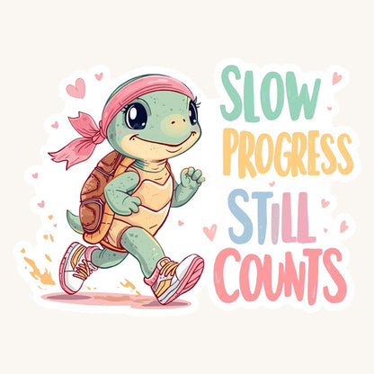 Slow Progress Still Counts Turtle | Motivational | White Gloss Vinyl | Die-Cut Sticker